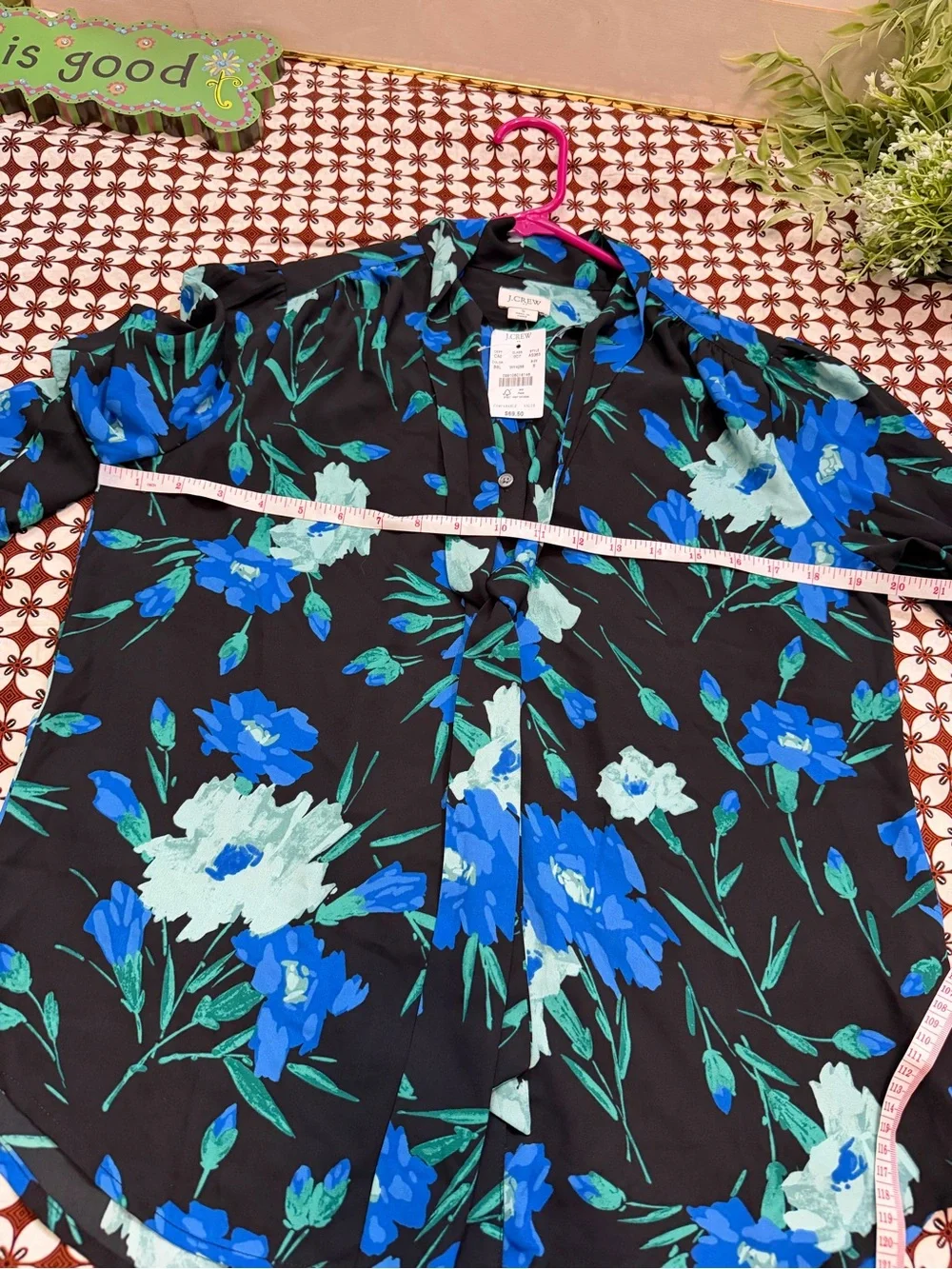 Women's Blue Floral Tie-Neck Blouse